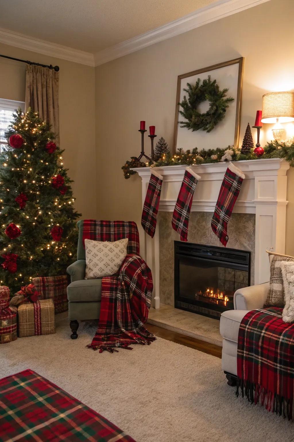 Tartan fun with snug holiday ornamentation.