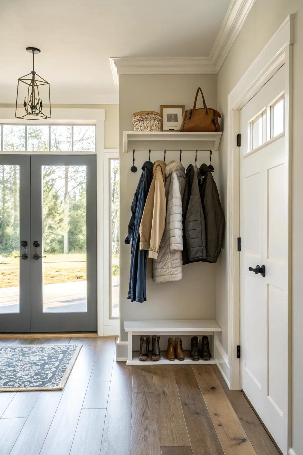 A floating coat rack design delivering a bright and open aesthetic.