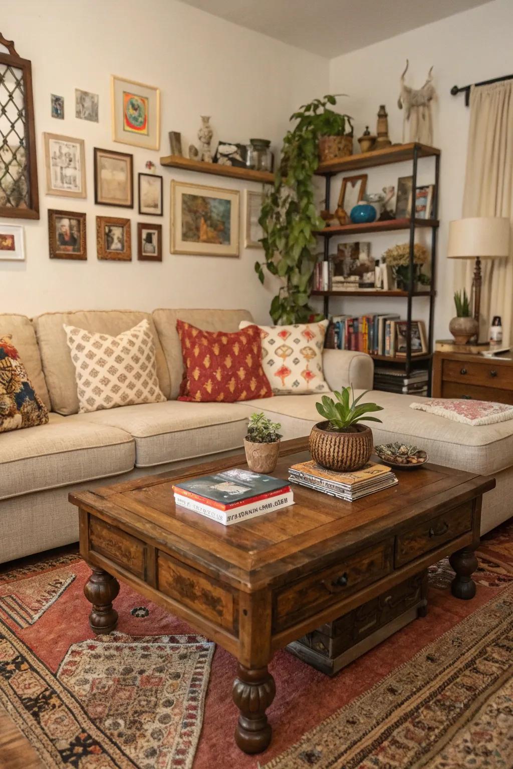 A vintage coffee table infuses the room with character and charm.