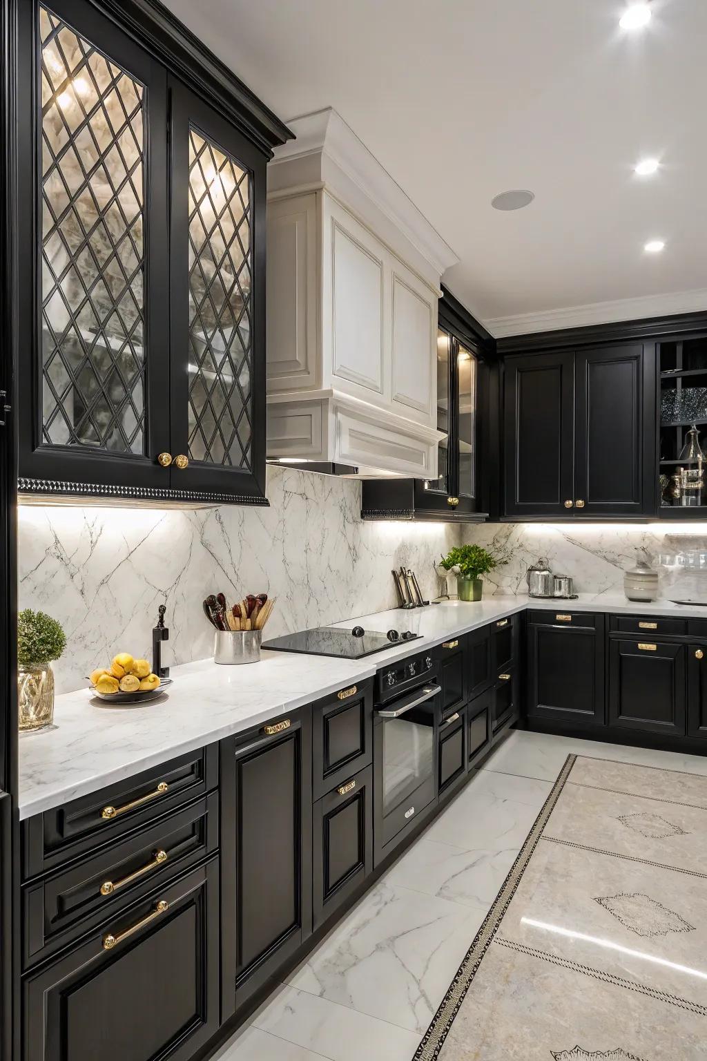 A sophisticated kitchen with a black and white color scheme highlighting dark cabinets.