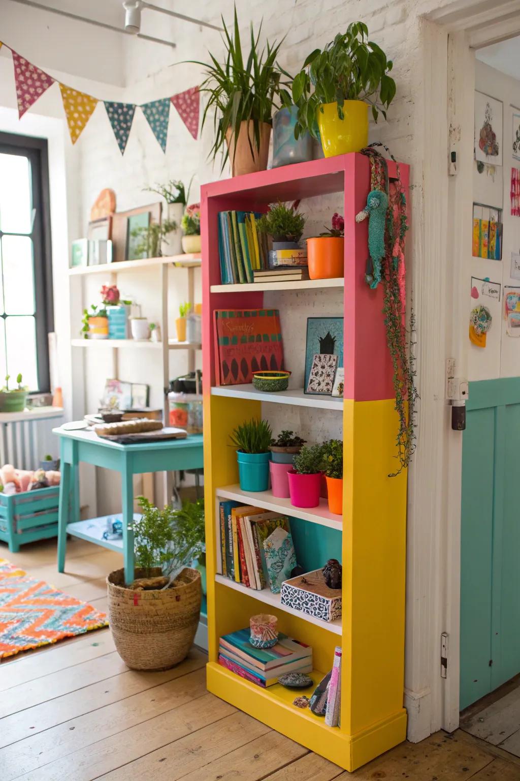 Bold colors turn shelves into vibrant focal points.