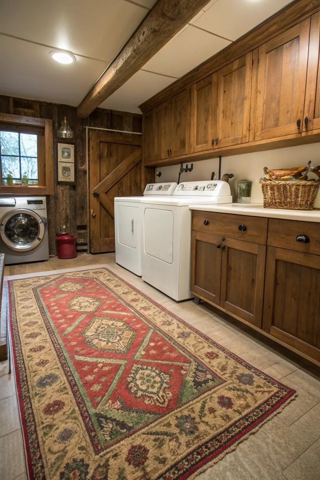 A traditional rug brings warmth and color to your laundry area.