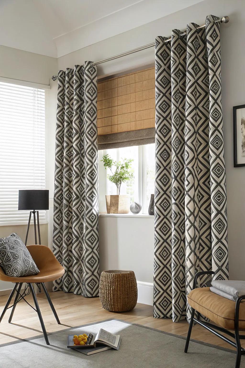 Geometric prints provide a modern twist over blinds.