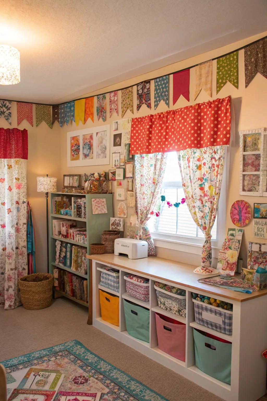 Showcase ingenuity through patchwork valances within your craft room.