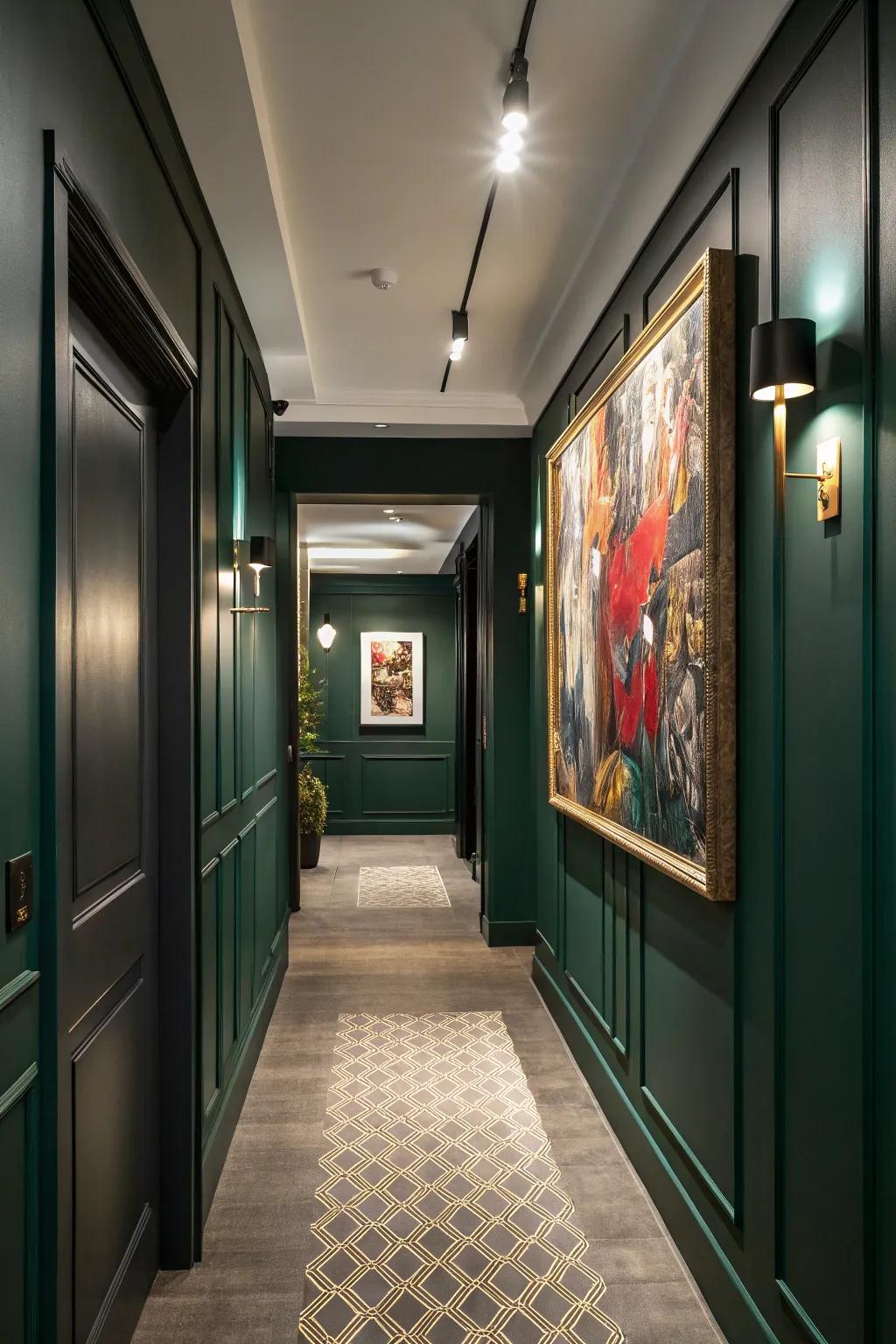 Distinct artistic pieces enhance the character of the hallway.