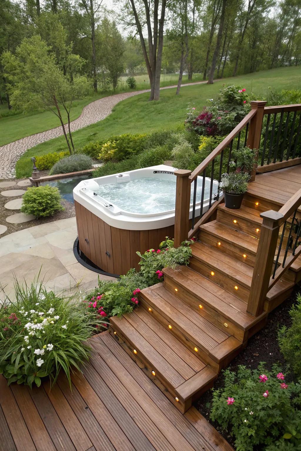 Cascading steps provide a grand entrance to the hot tub.