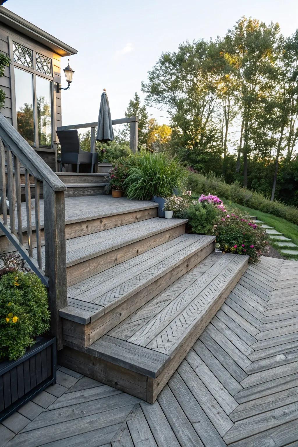 Patterned steps adding artistic depth to the deck