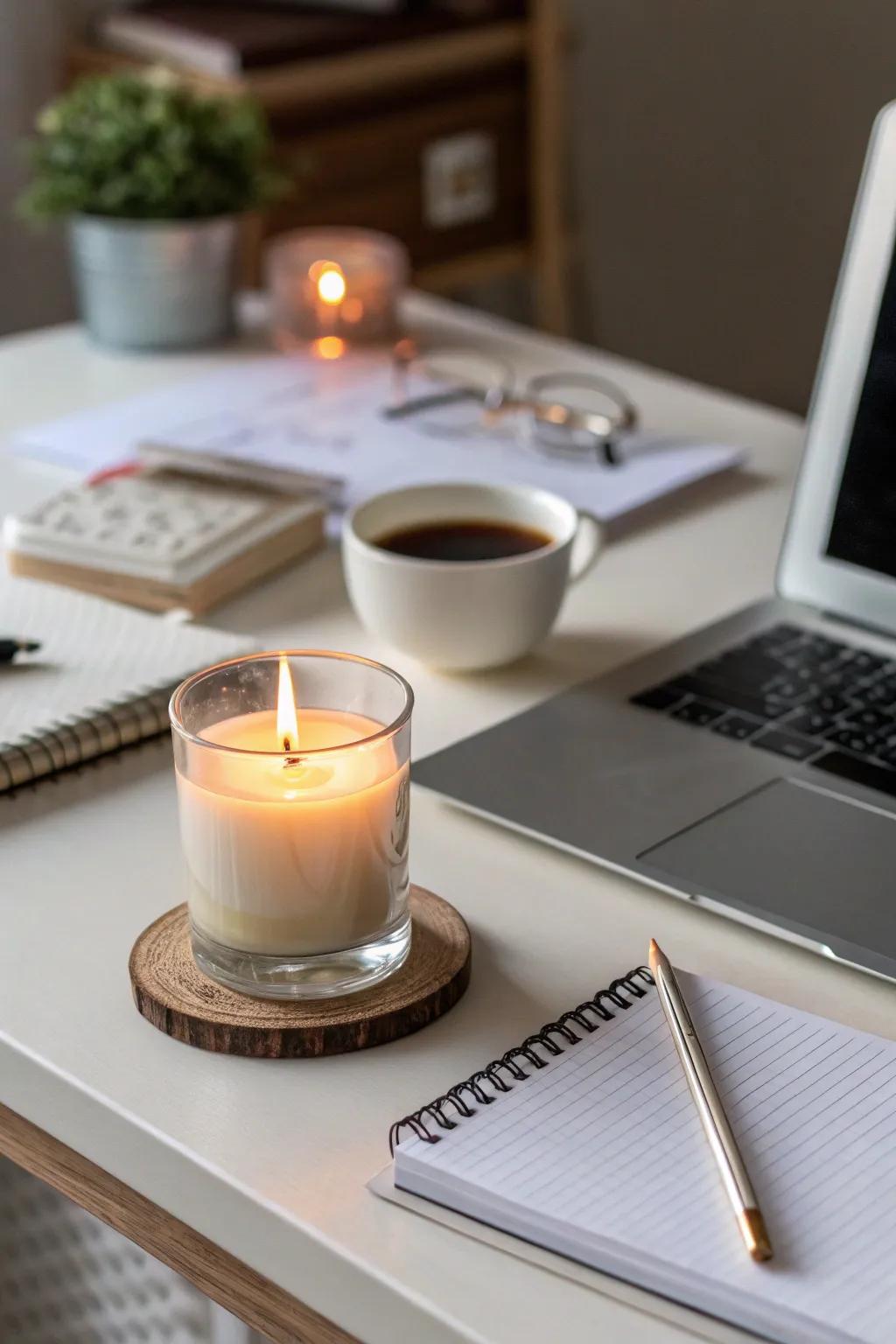 A scented candle adding a soothing fragrance to the workspace.