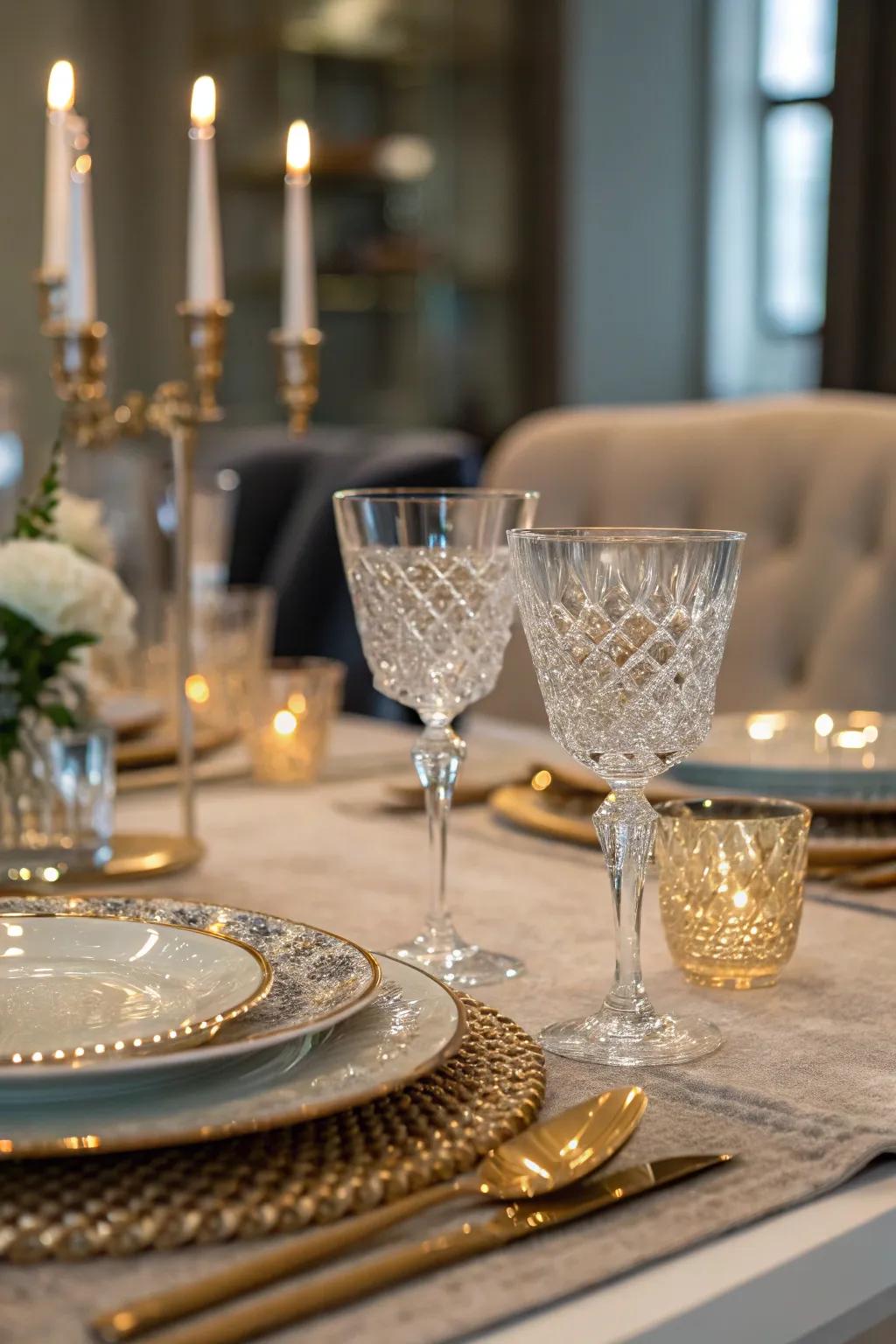 Vitreous and crystalline embellishments for a sophisticated shimmer.