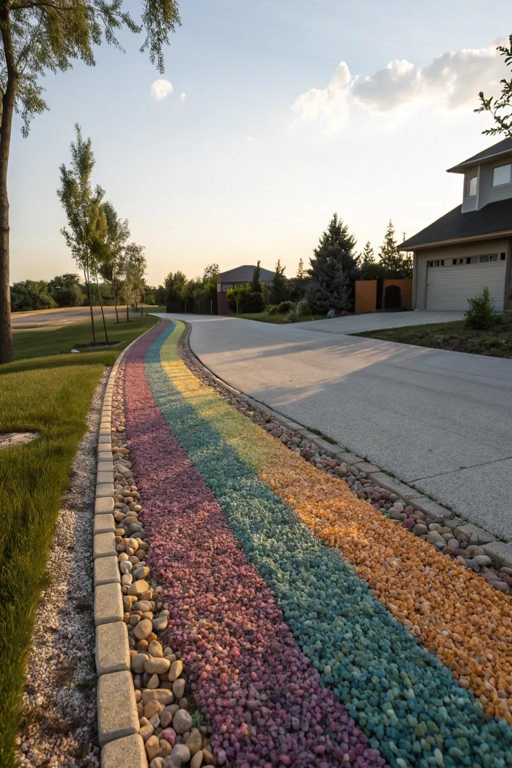 Colorful gravel infuses a dynamic nuance to this berm.