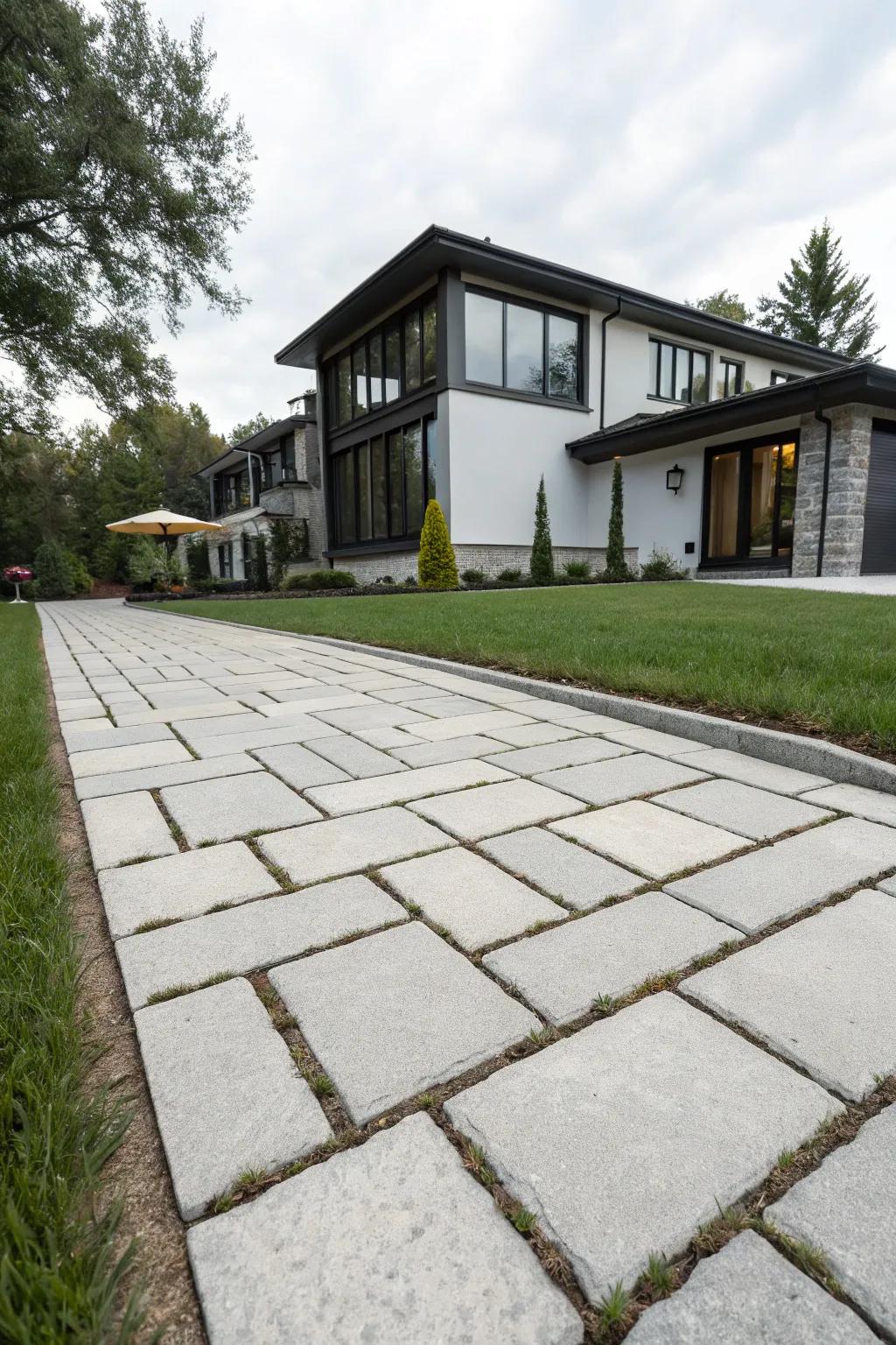 A grand and contemporary driveway with large format pavers.