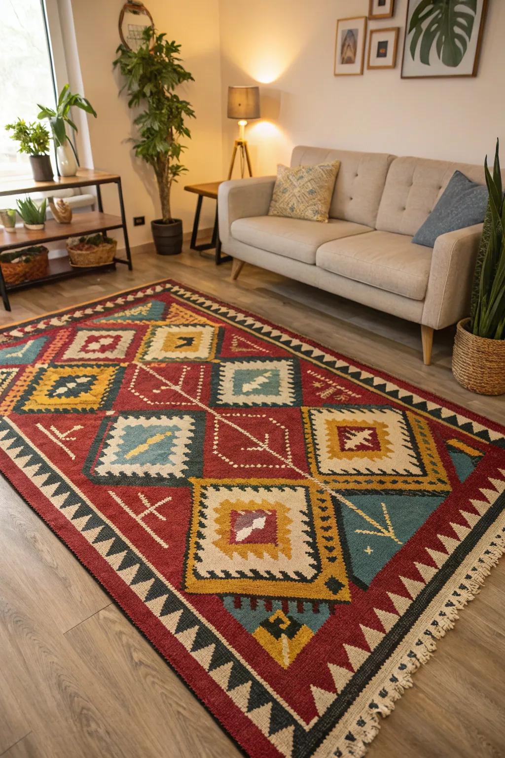 A family room with a geometric rug that unifies the decor.