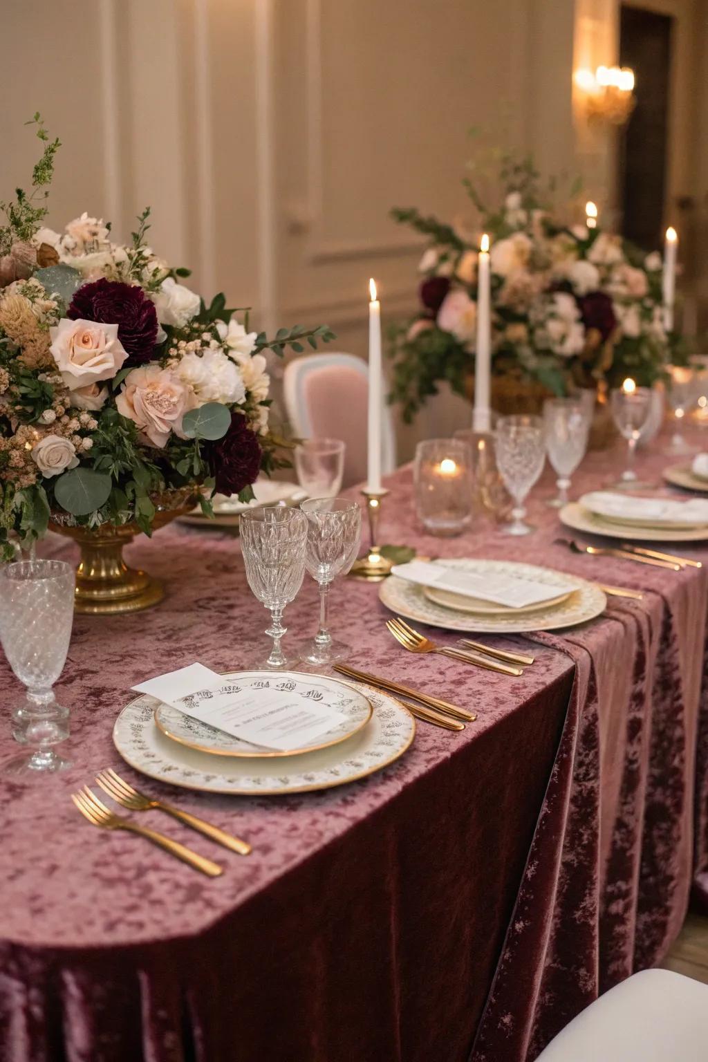 Velvet nuances append a sumptuous sensation to the table setting.