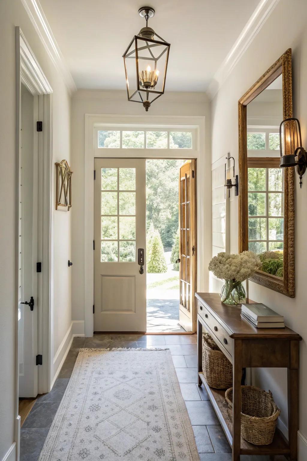 A mirror placed opposite a window amplifies natural light and enhances the entryway's ambiance.