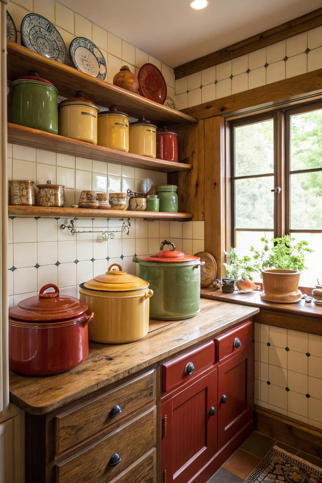 Antique crocks adding nostalgic charm to the kitchen.