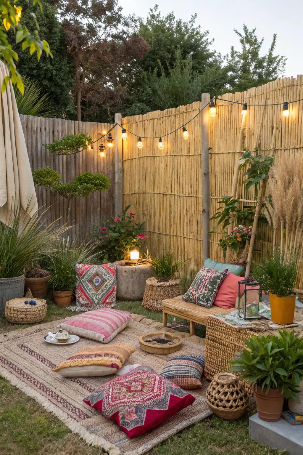 Reed fences provide a laid-back, bohemian vibe.