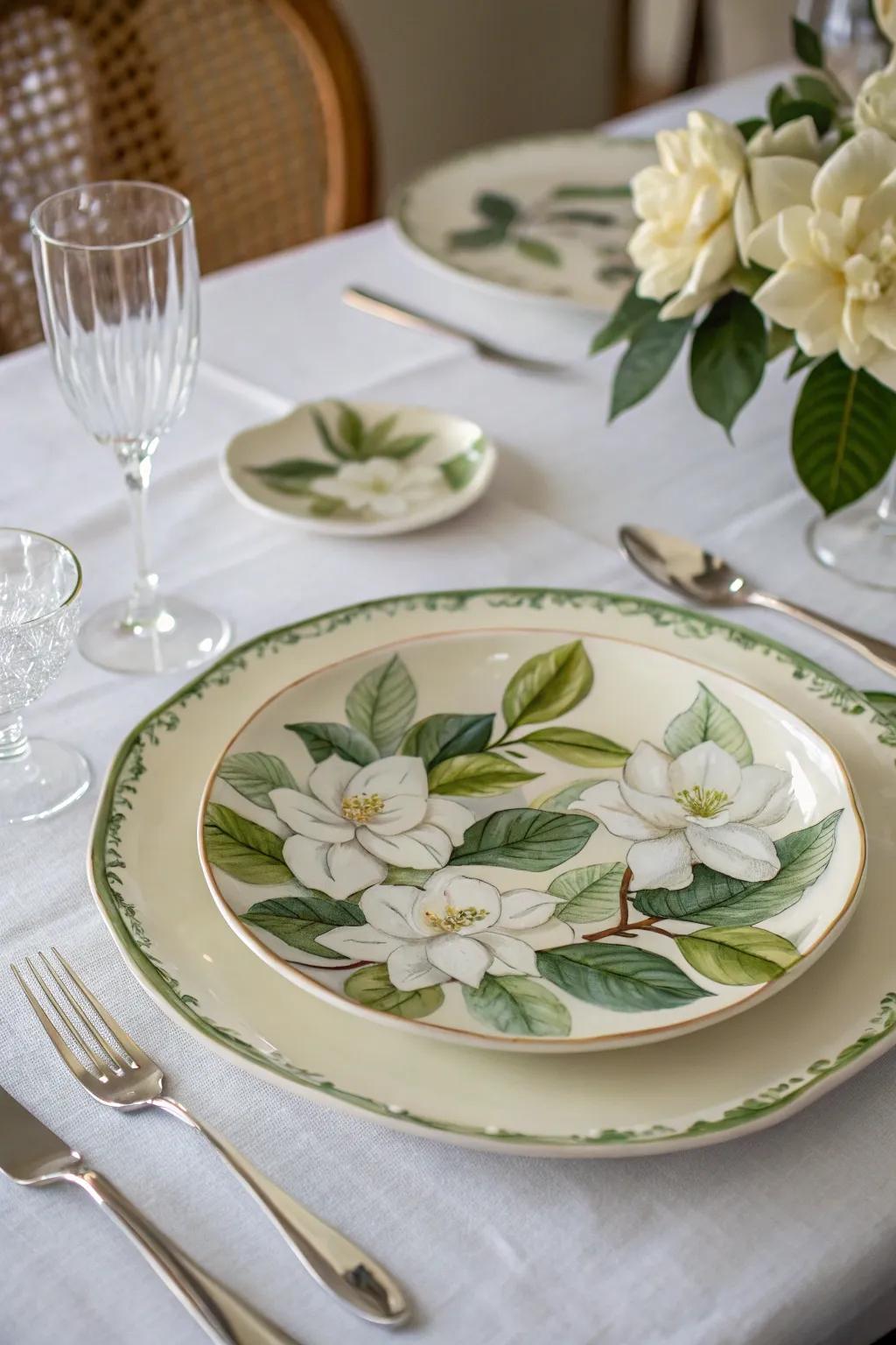 Gardenias add a touch of elegance and purity to your plate designs.