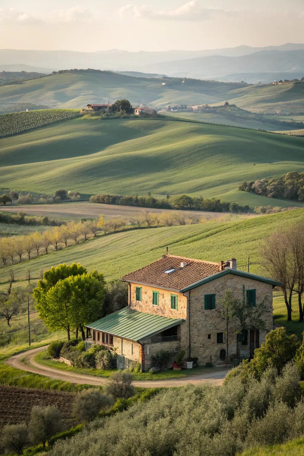 Olive green foundations complement rural landscapes.