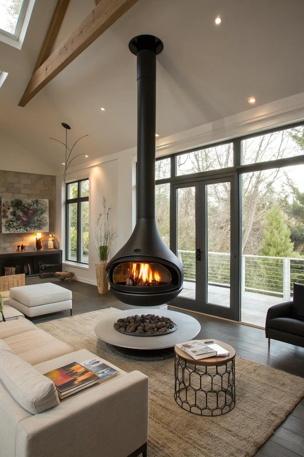 A floating stove adds a modern twist to the room.