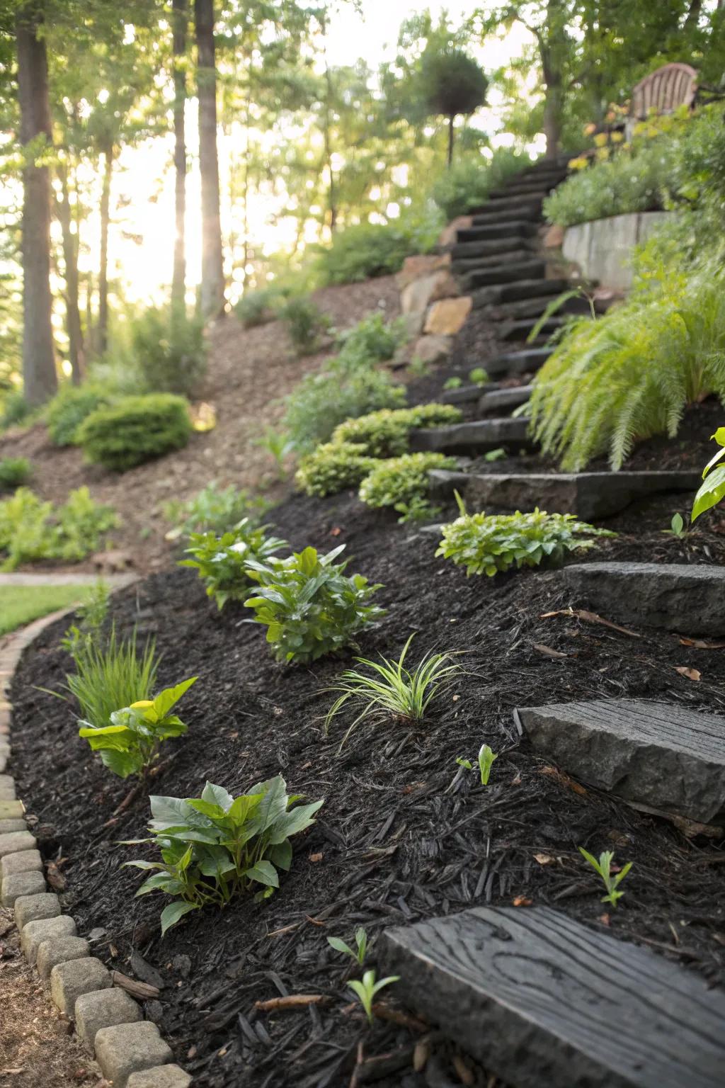 Tiered mulch layers add dimension to your garden.