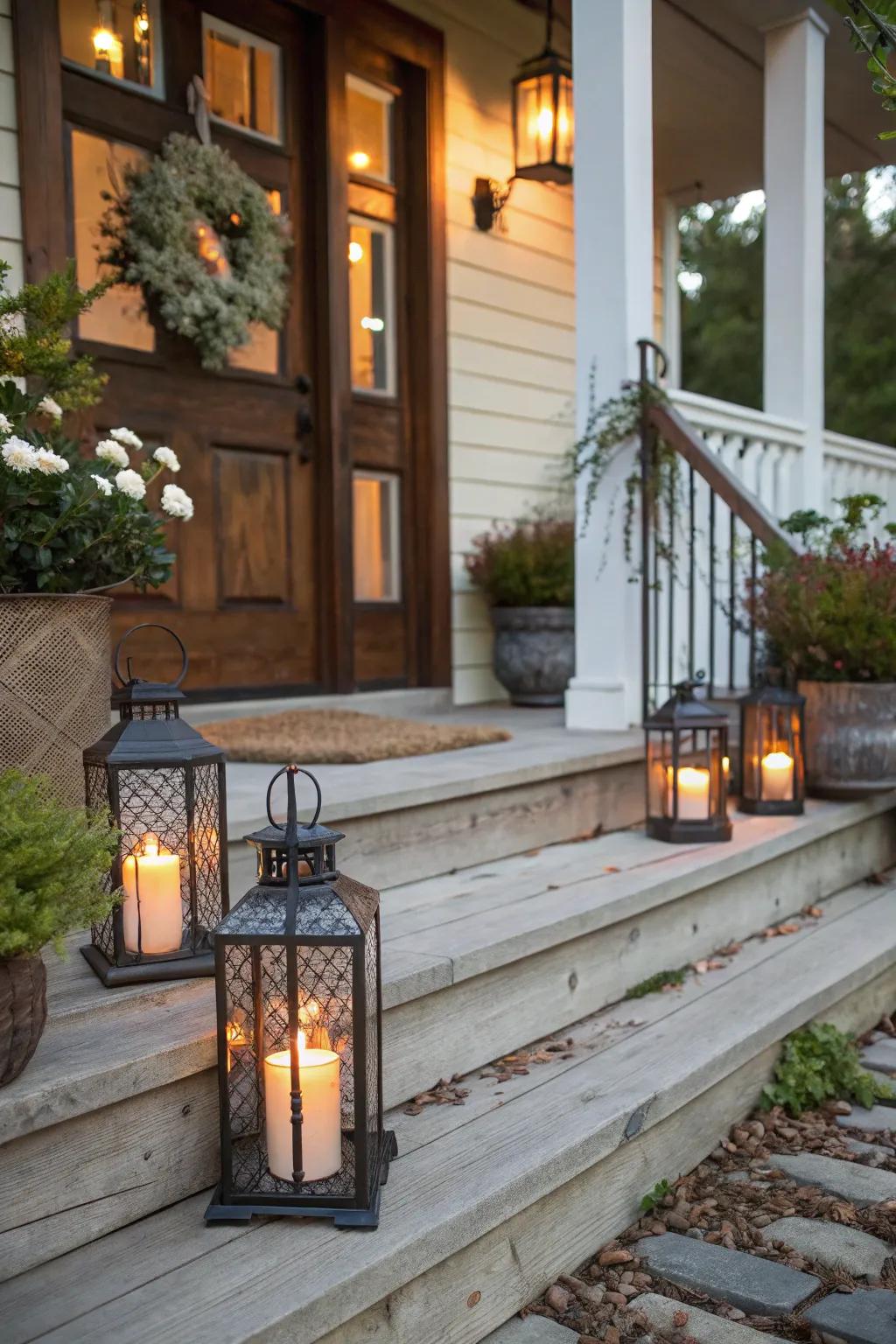 Charming lanterns guide guests and add a warm welcome to your porch.