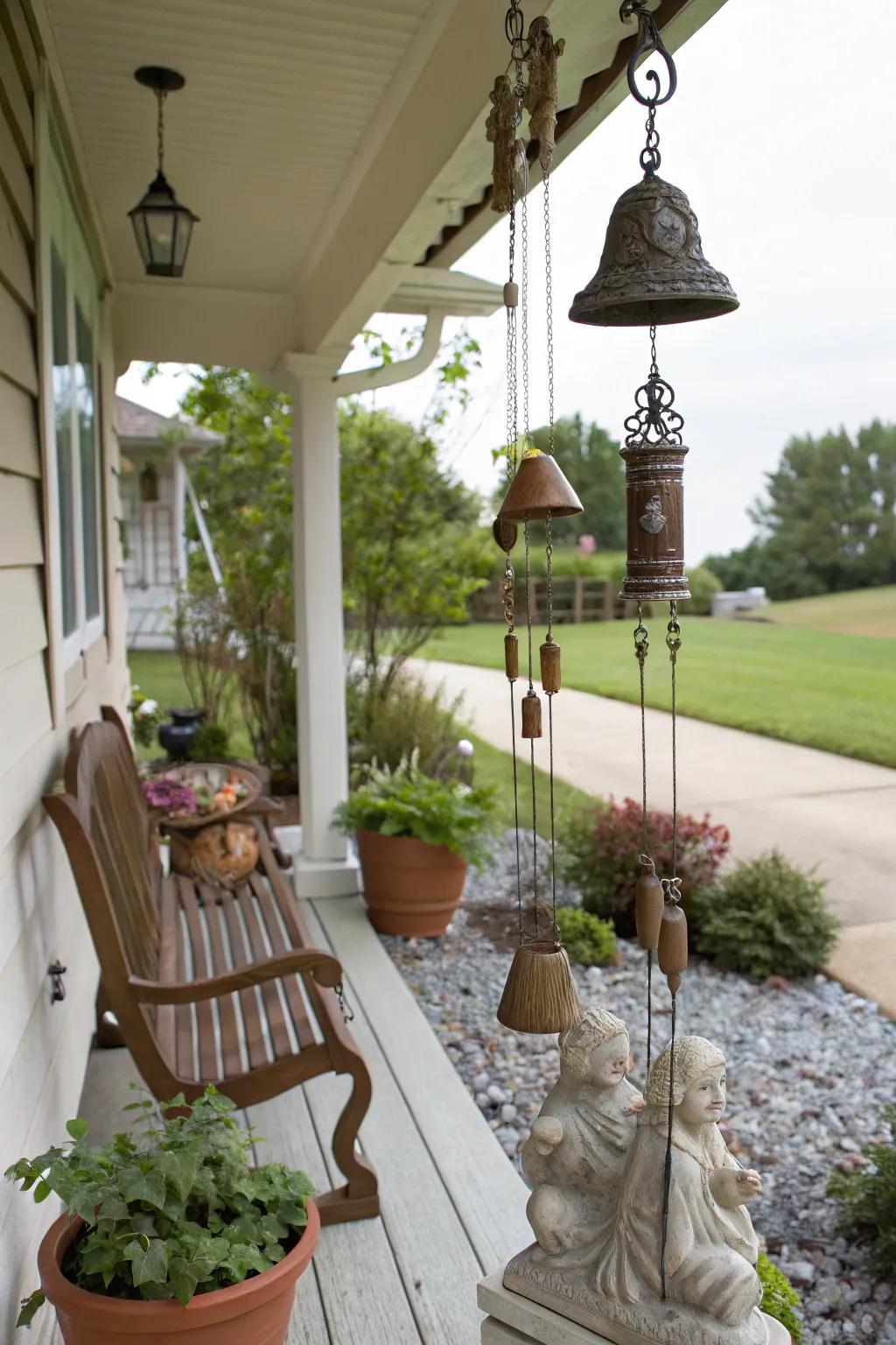 Decorative melodic chimes and sculptures adorn a front porch.