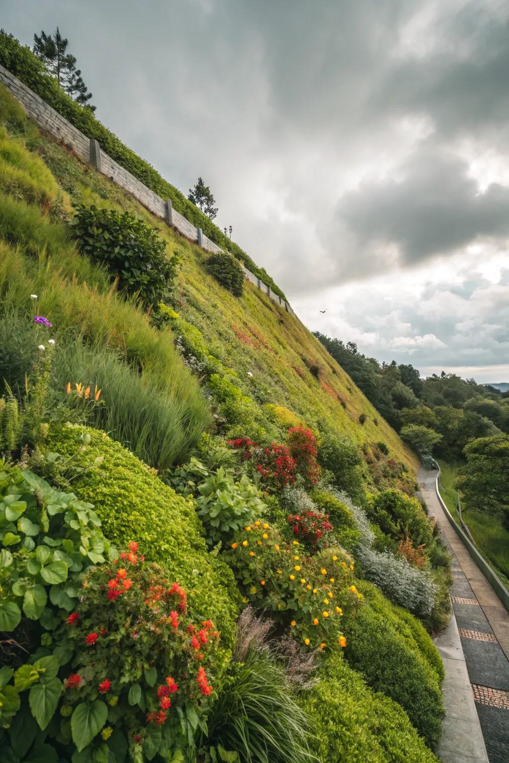 A living wall transforms your slope into a vertical garden showcase.