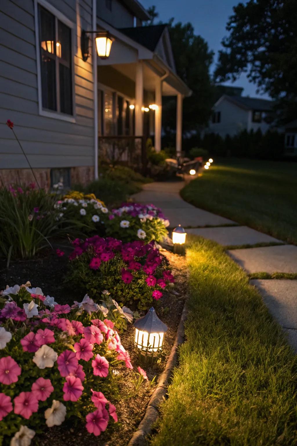 Elevate your garden with geraniums and dramatic lighting.