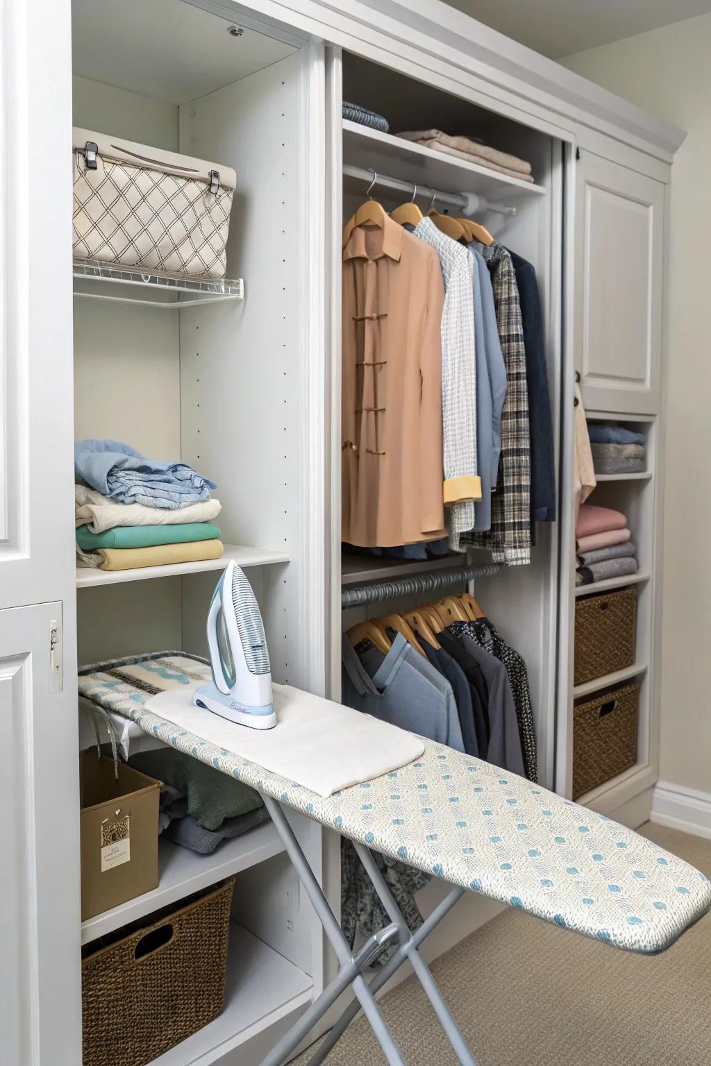 Fold-down ironing boards offer convenience without clutter.