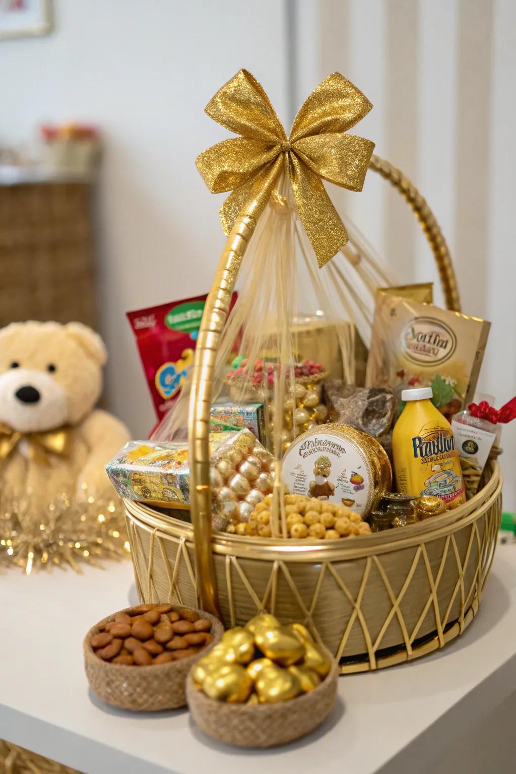 A delightful golden gift basket filled with surprises.