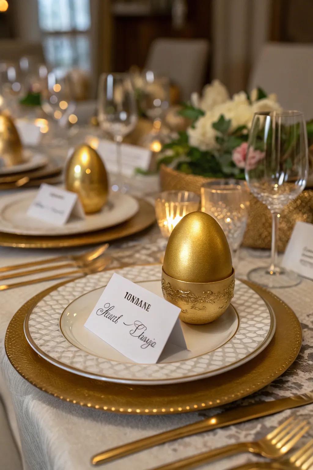 Golden egg table markers bring sophistication to your Easter table.