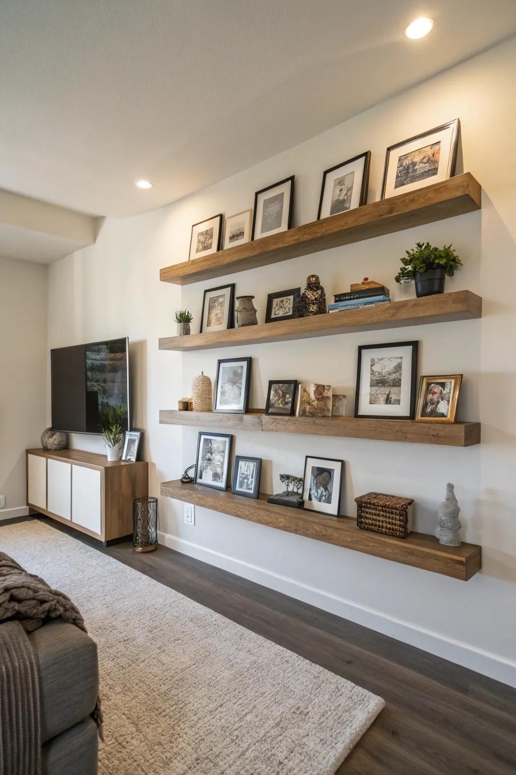 Floating shelves offer a clean, modern way to display memories.