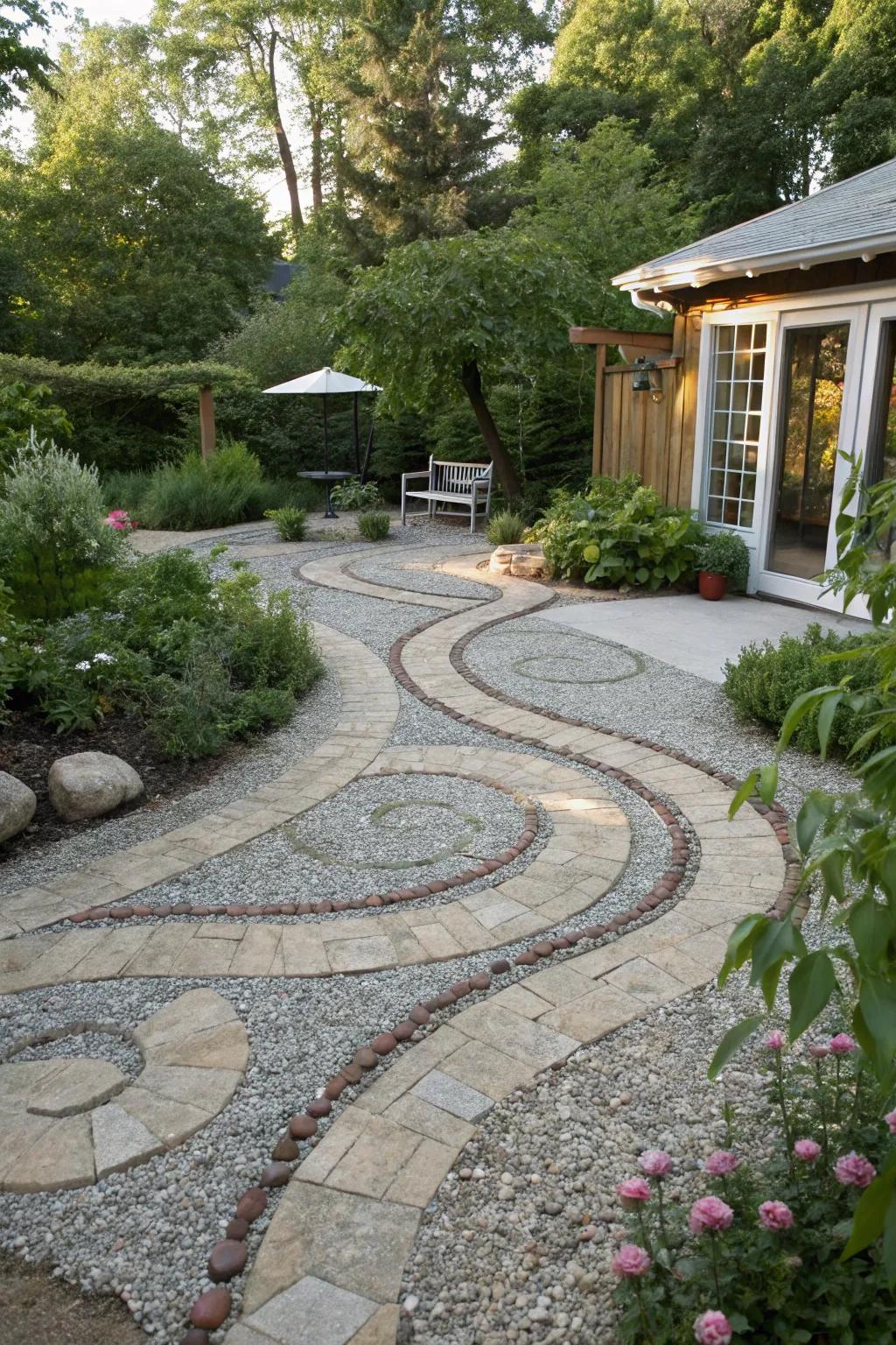 A gravel patio featuring charming flagstone paths for added allure.