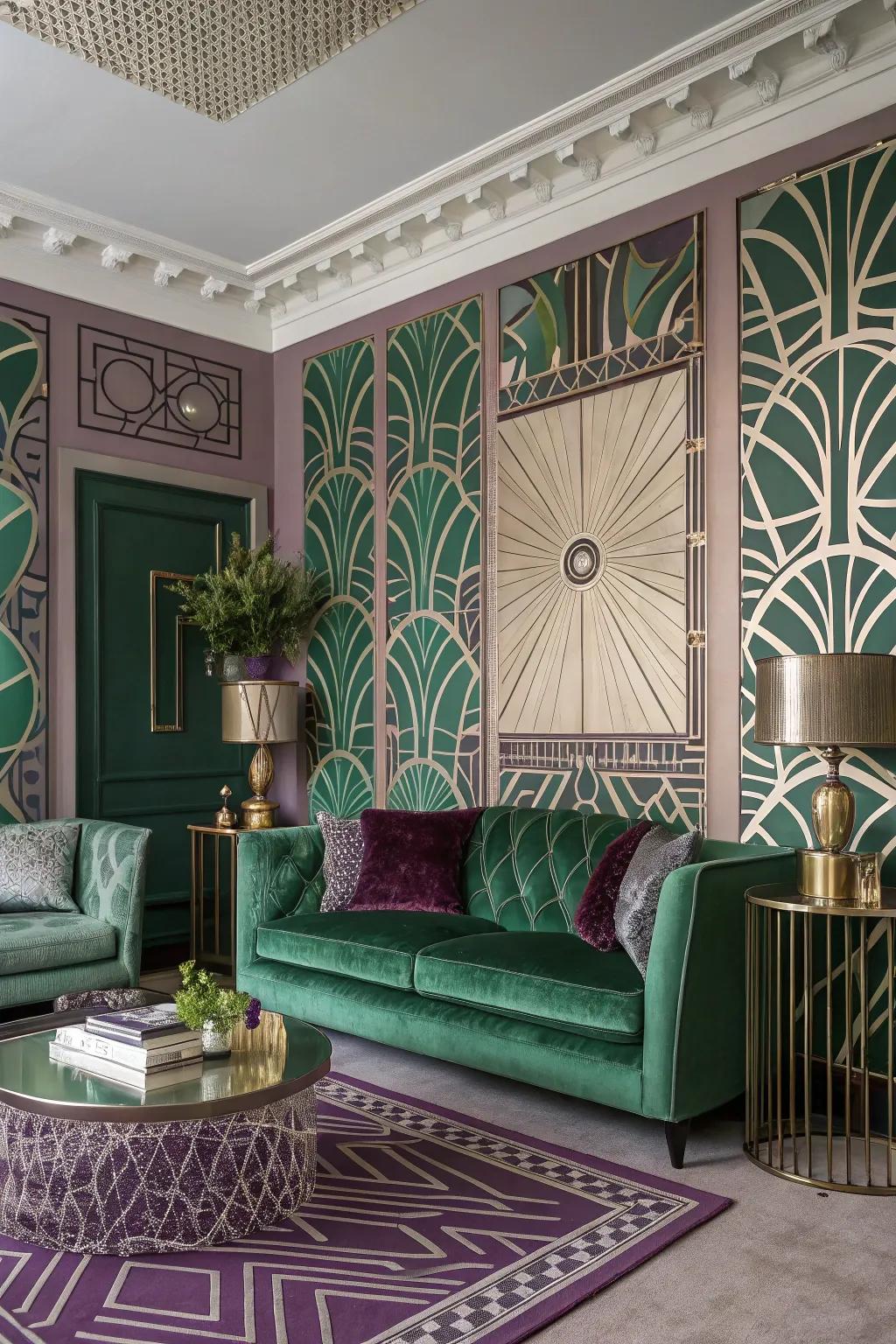 Art Deco patterns adding glamour to the living room.