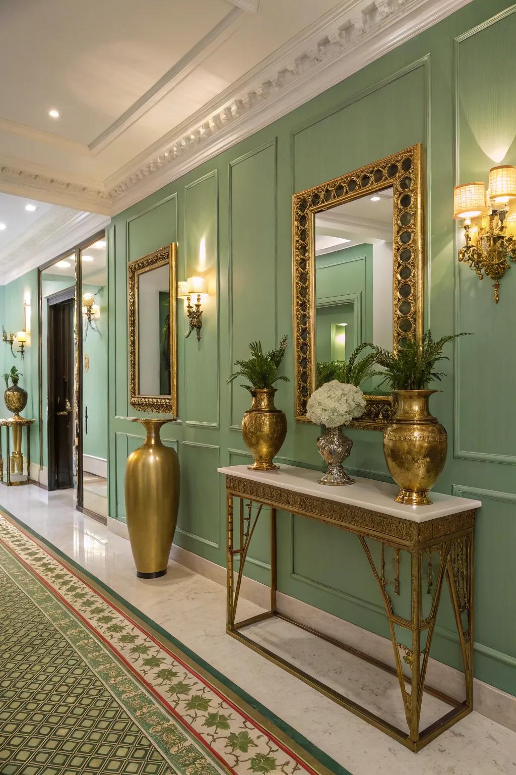 Green and metallic accents create a glamorous effect.