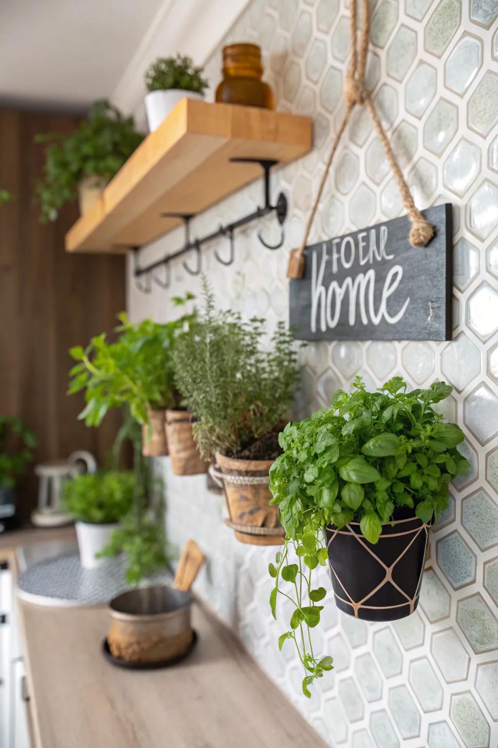 A hanging herb garden sign that brings freshness and utility to the kitchen.