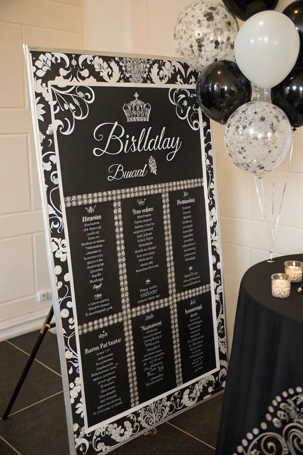An ageless ebony and ivory birthday display with sophisticated charm.