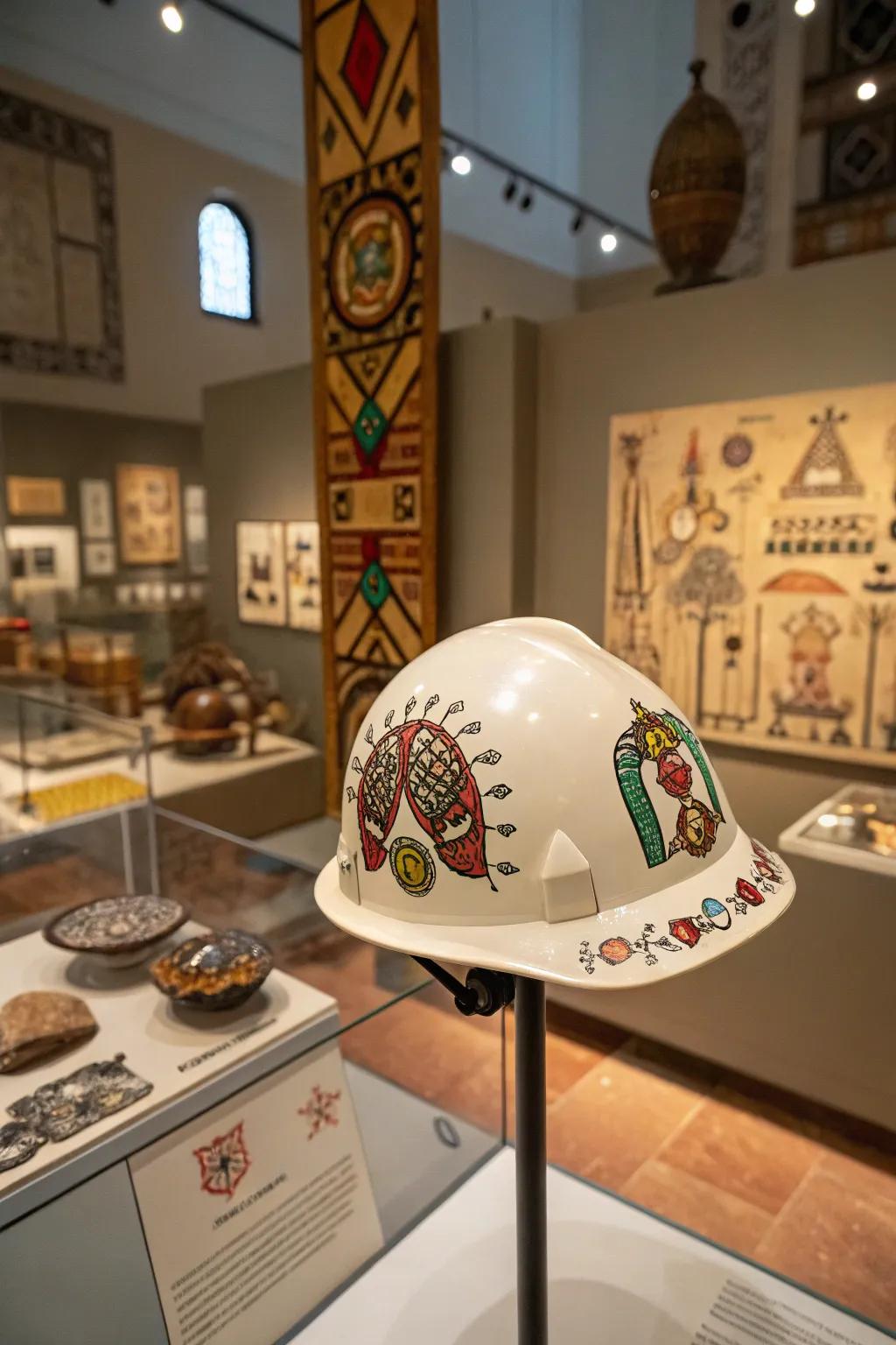 A hard hat enriched with cultural motifs.