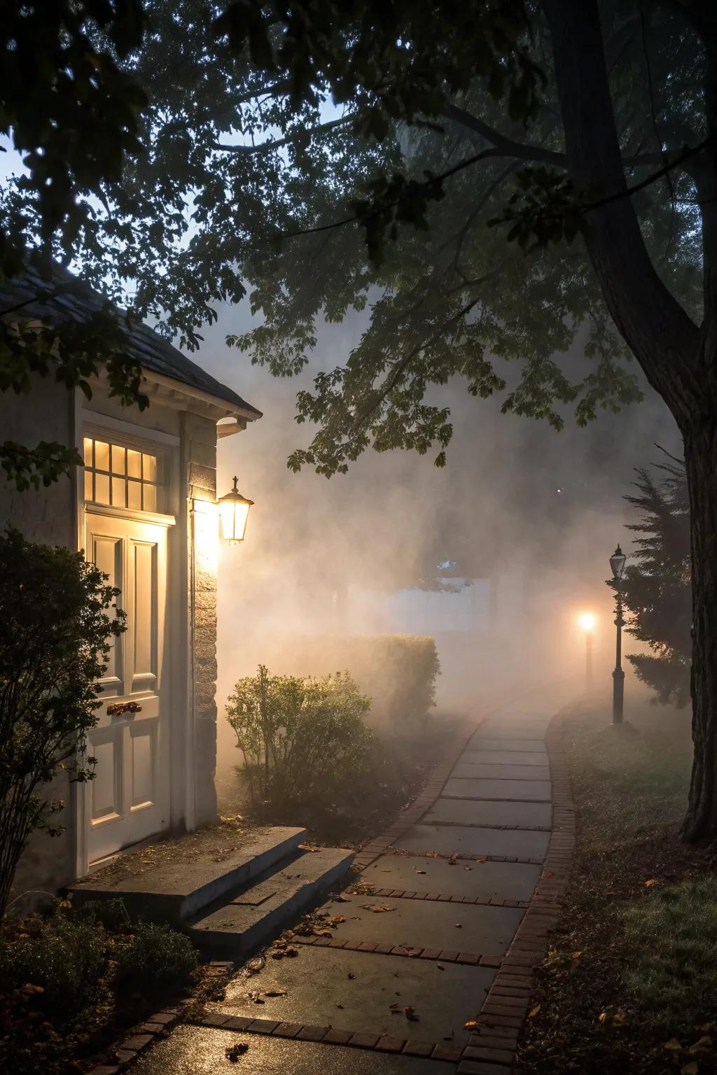 Forge an ethereal ingress via a mist device, ensuring a spooky haze.