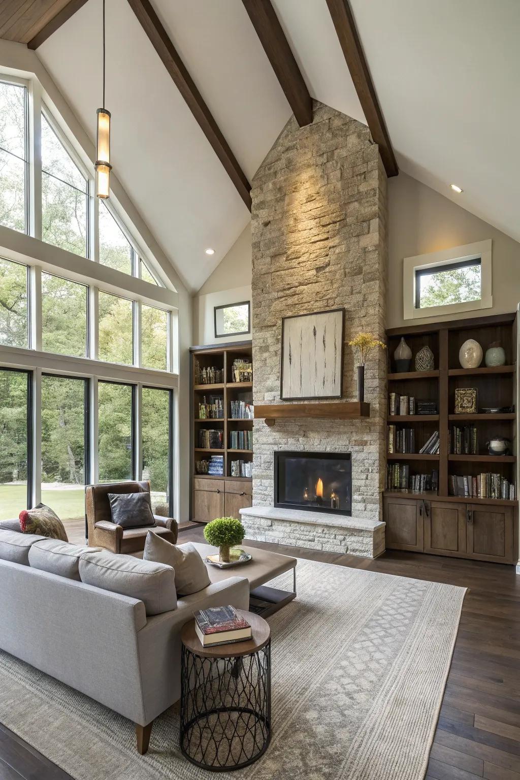 An off-center fireplace adds functionality and style.