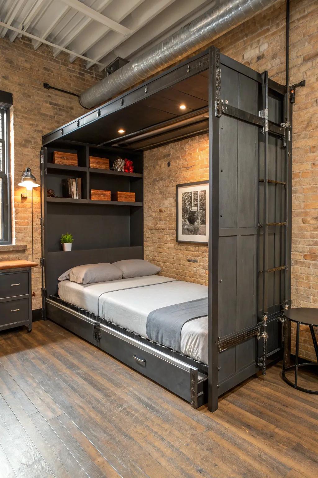 An industrial-themed room with a Murphy bed, adding an edgy and bold character.