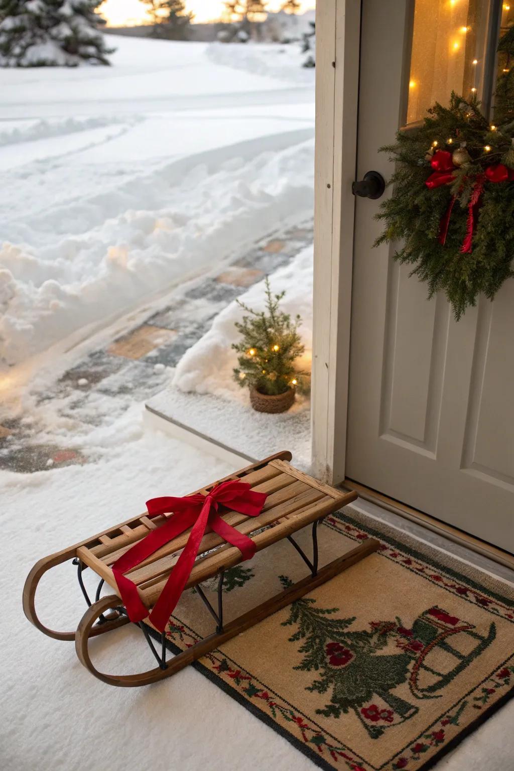 A welcoming sled with a festive entryway mat