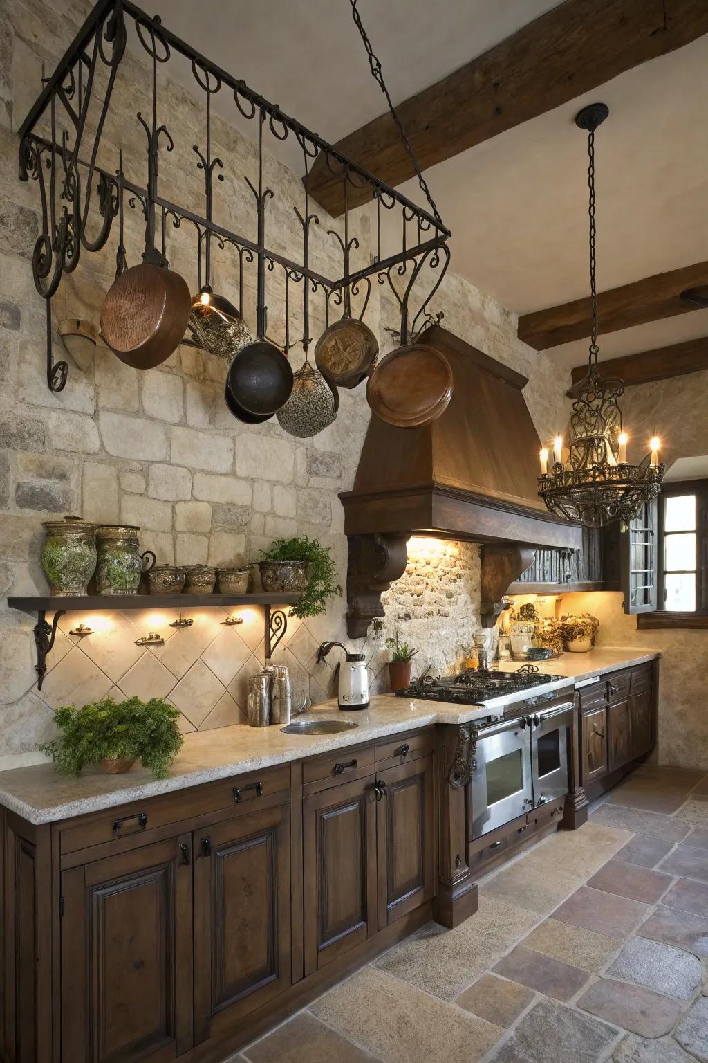 Wrought iron elements add rustic elegance.