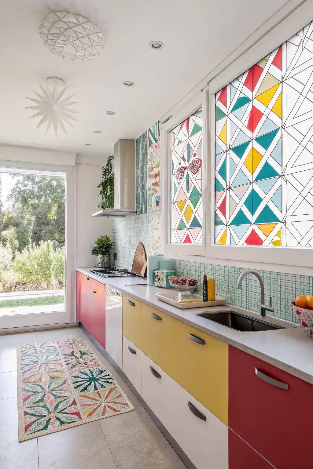 Geometric window patterns add a touch of modern playfulness to the kitchen space.