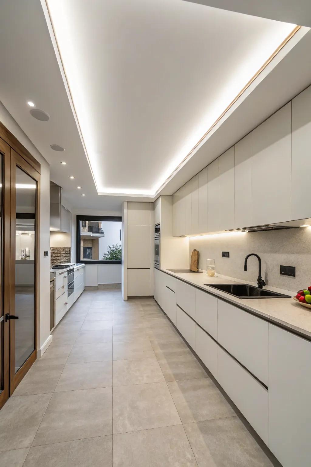 A minimalistic soffit blending into the ceiling, creating a clean and modern kitchen look.