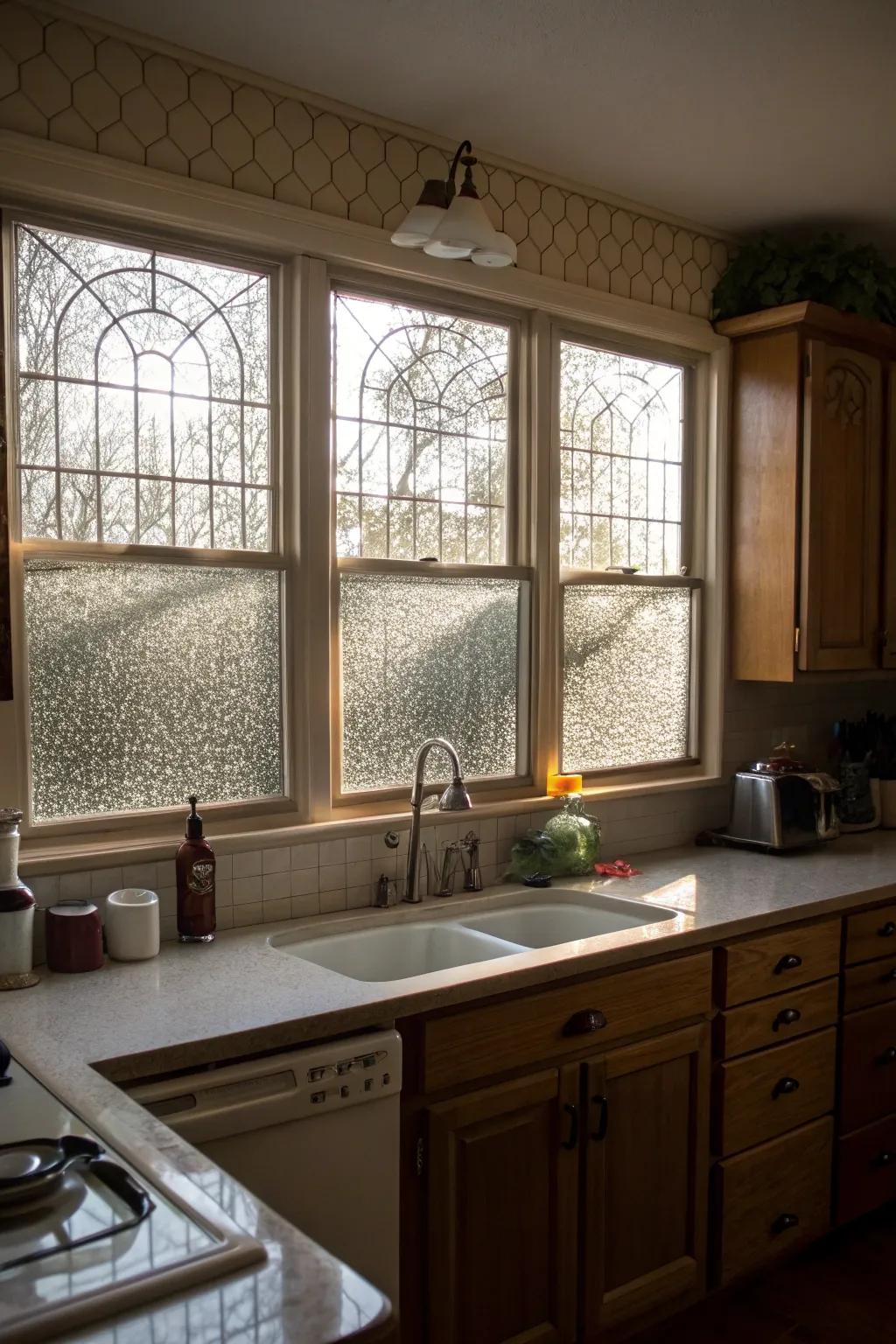 A kitchen with textured glass windows offering privacy and light.