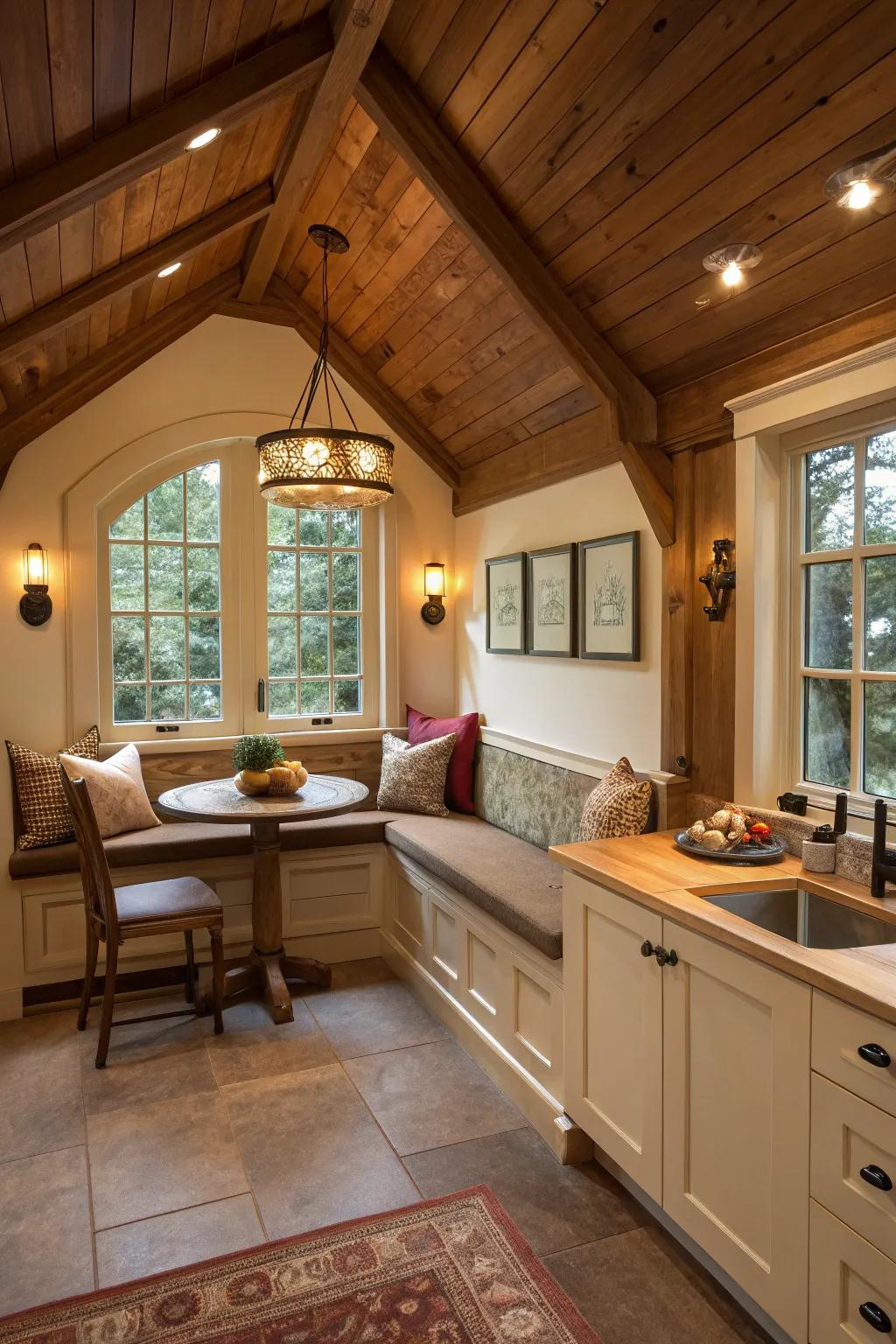 A cozy nook provides a perfect spot for relaxation in this inviting kitchen.