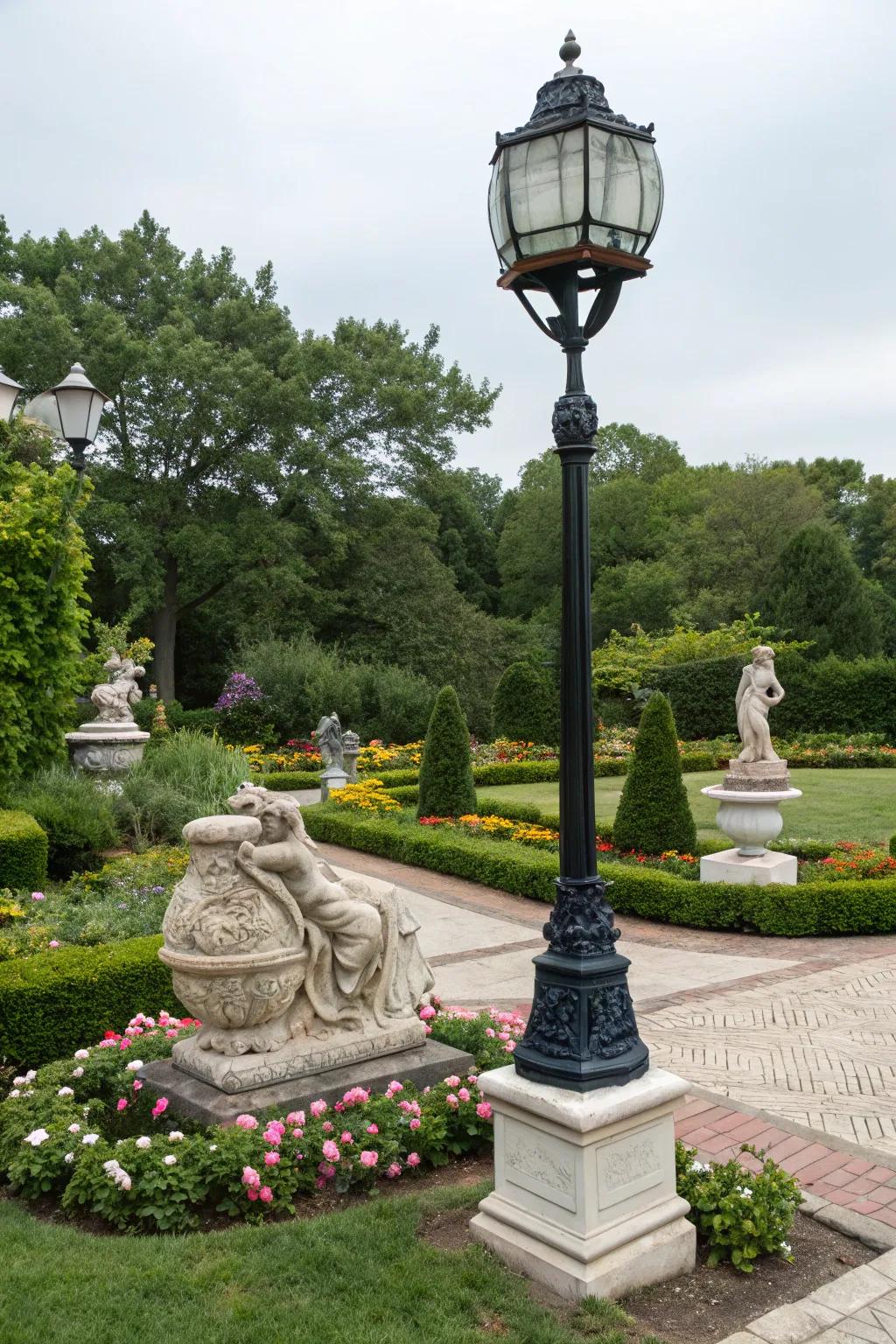 Artistic sculptures adding personality around a lamp post.