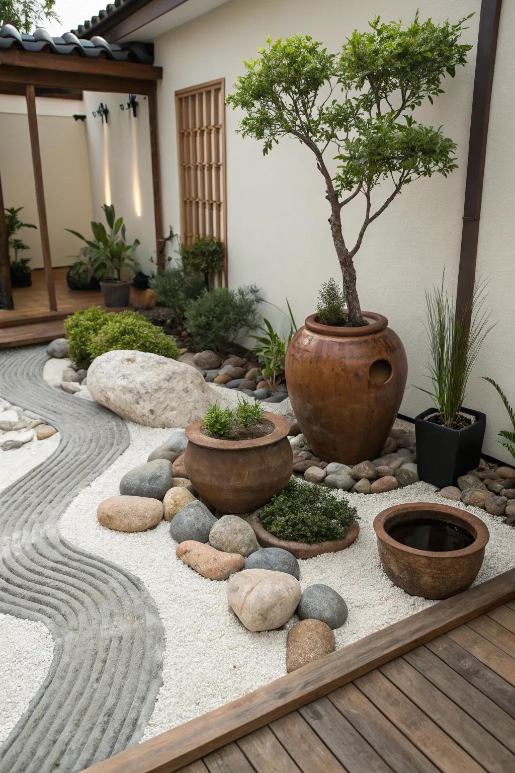 Calm your senses with a serene zen pot garden.