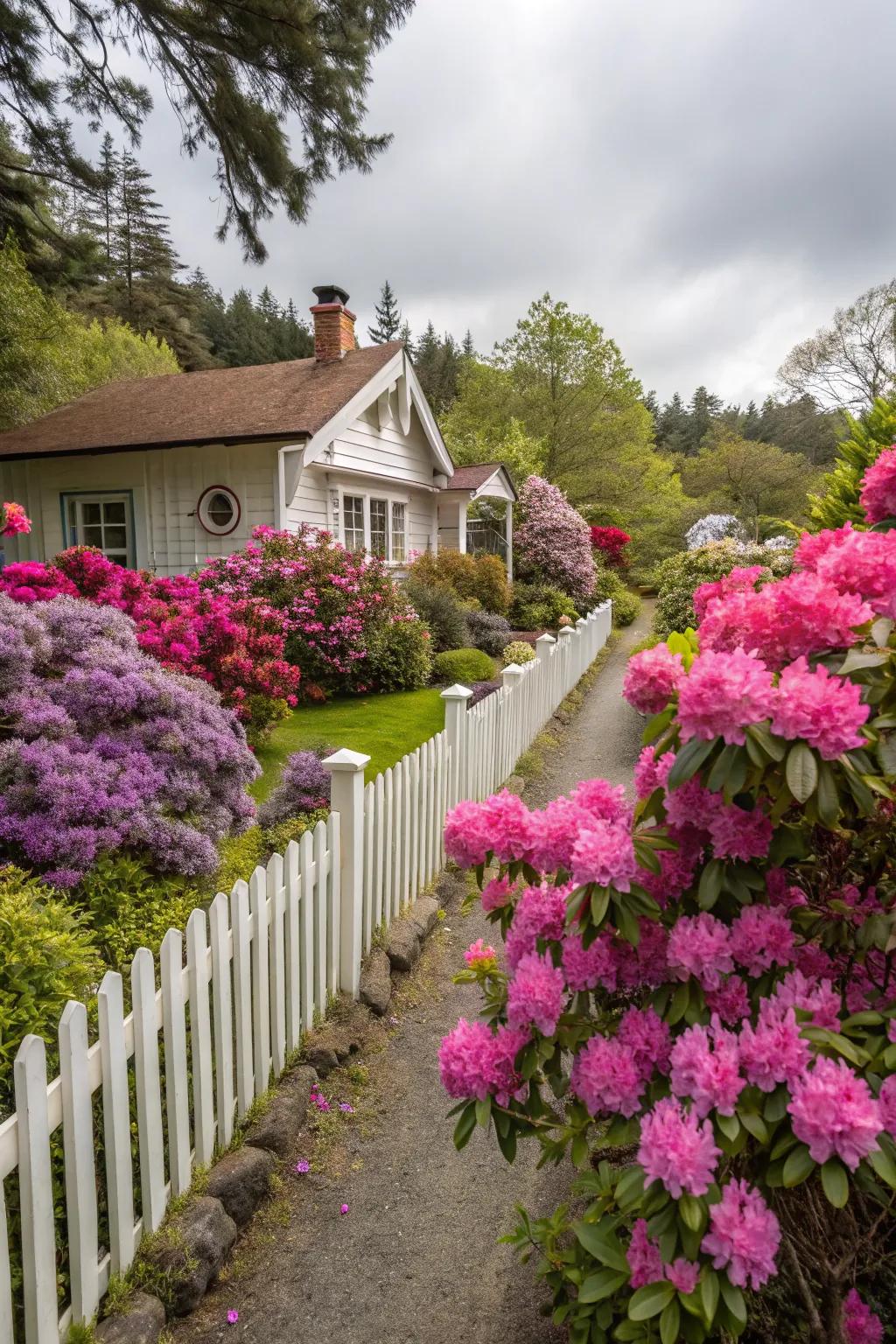 A dreamy cottage garden featuring rhododendrons and roses.